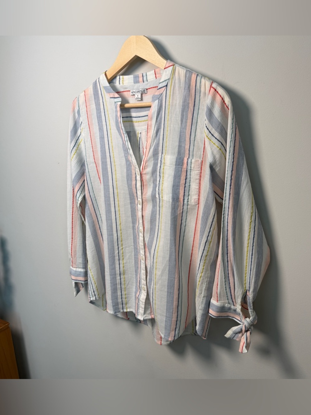 J. Crew Mercantile Striped Cotton Preppy Tie-Sleeve Button Down Shirt | Size S - Picture 2 of 6